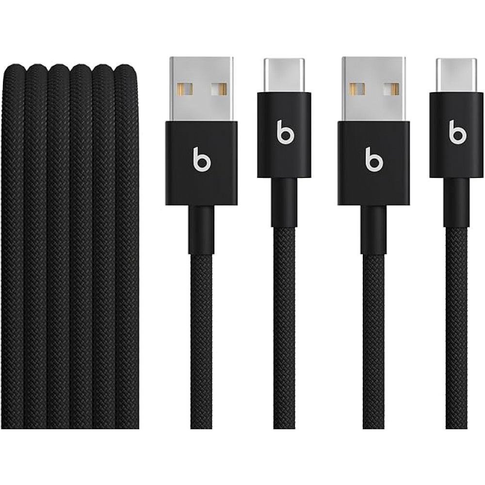 Beats USB-A to USB-C Woven Cables (2 Pack) (1.5m) / Bolt Black הם כבלים ארוגים ועמידים באורך 1.5 מטר, המיועדים לטעינה והעברת נתונים במכשירים בעלי חיבור USB-C. המארז כולל שני כבלים, עם תמיכה בטעינה של עד 15W ועיצוב המסייע במניעת הסתבכות ופרימה.