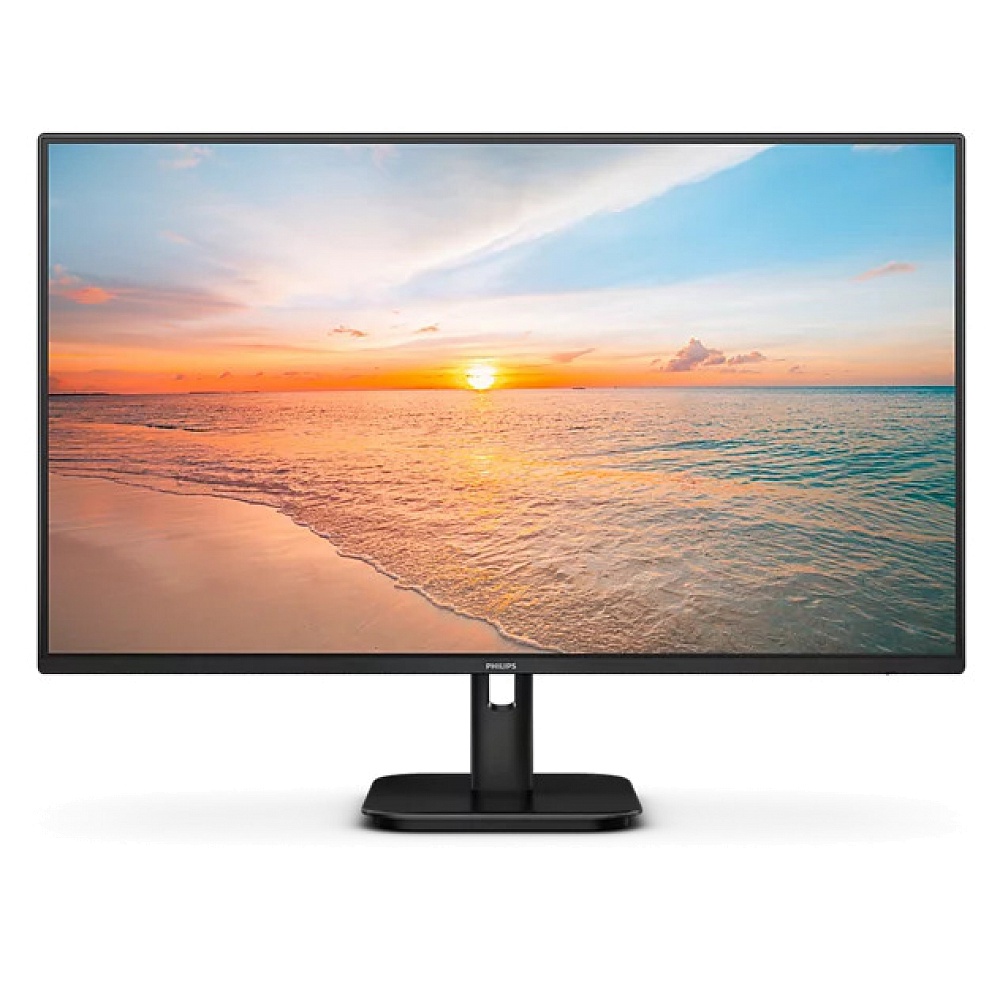 תמונת מוצר של מסך Philips בעיצוב אלגנטי ונקי בצבע שחור, עם שוליים דקים ומעמד מרכזי קומפקטי המתאים לסביבת עבודה מודרנית. על גבי המסך מוצגת תמונת חוף ושקיעה בגוונים רכים ובהירים, המדגישה תצוגה רחבה ומראה מינימליסטי המתאים לעבודה, צפייה ושימוש יומיומי.