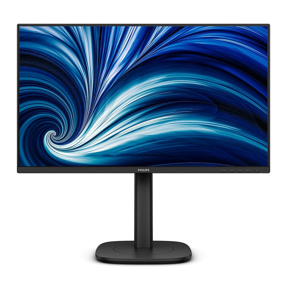 תמונת מוצר של מסך Philips בעיצוב נקי ומודרני בצבע שחור, עם שוליים דקים ומעמד מרכזי יציב. על גבי המסך מוצגת גרפיקה אבסטרקטית בגווני כחול ולבן עם תנועת גלים דינמית, המדגישה מראה חד ועכשווי המתאים לסביבת עבודה מקצועית.