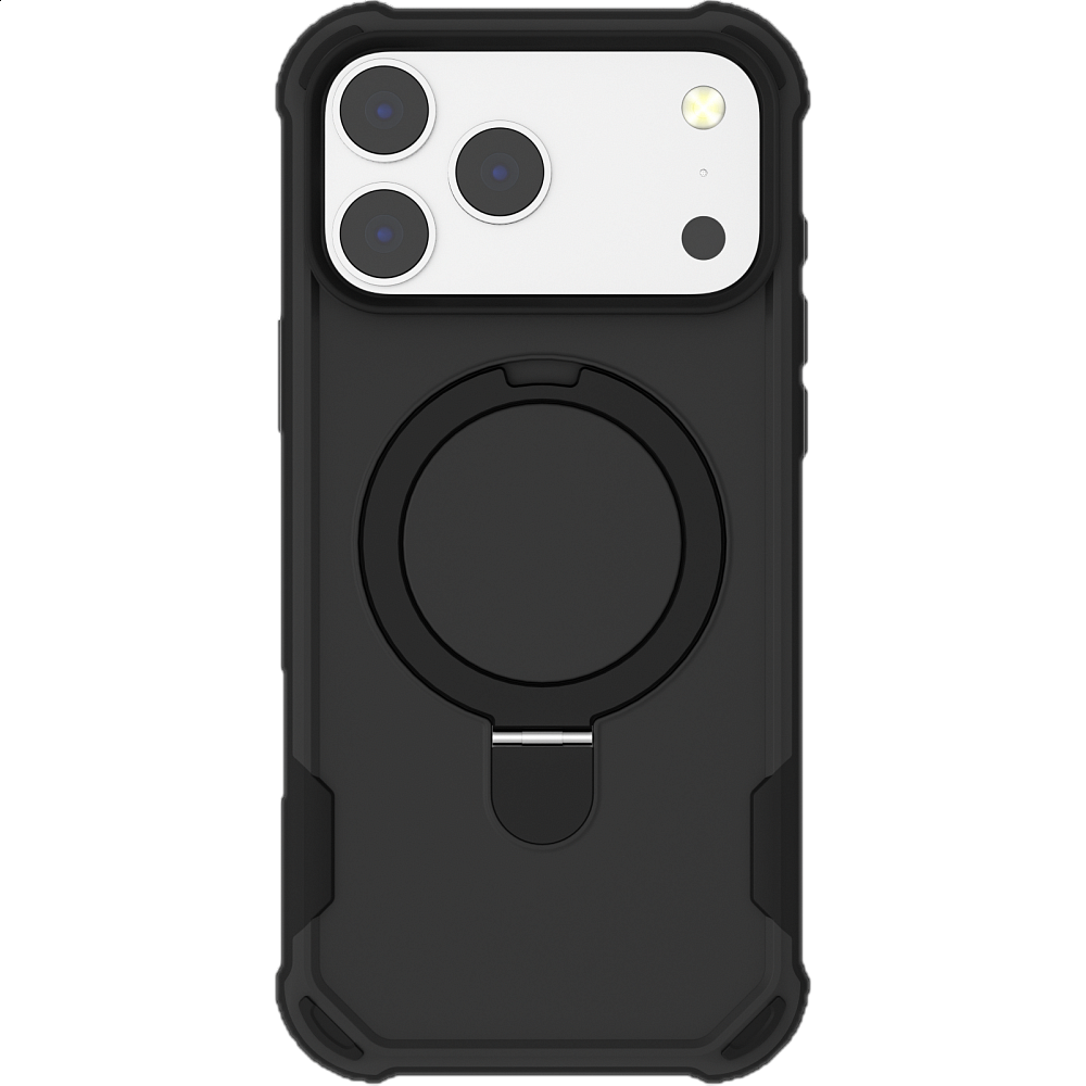 כיסוי PureGear GripTek Kik עבור iPhone 17 Pro עם הגנה עמידה, תאימות MagSafe, רגלית מובנית ואחיזה נוחה בעיצוב שחור.