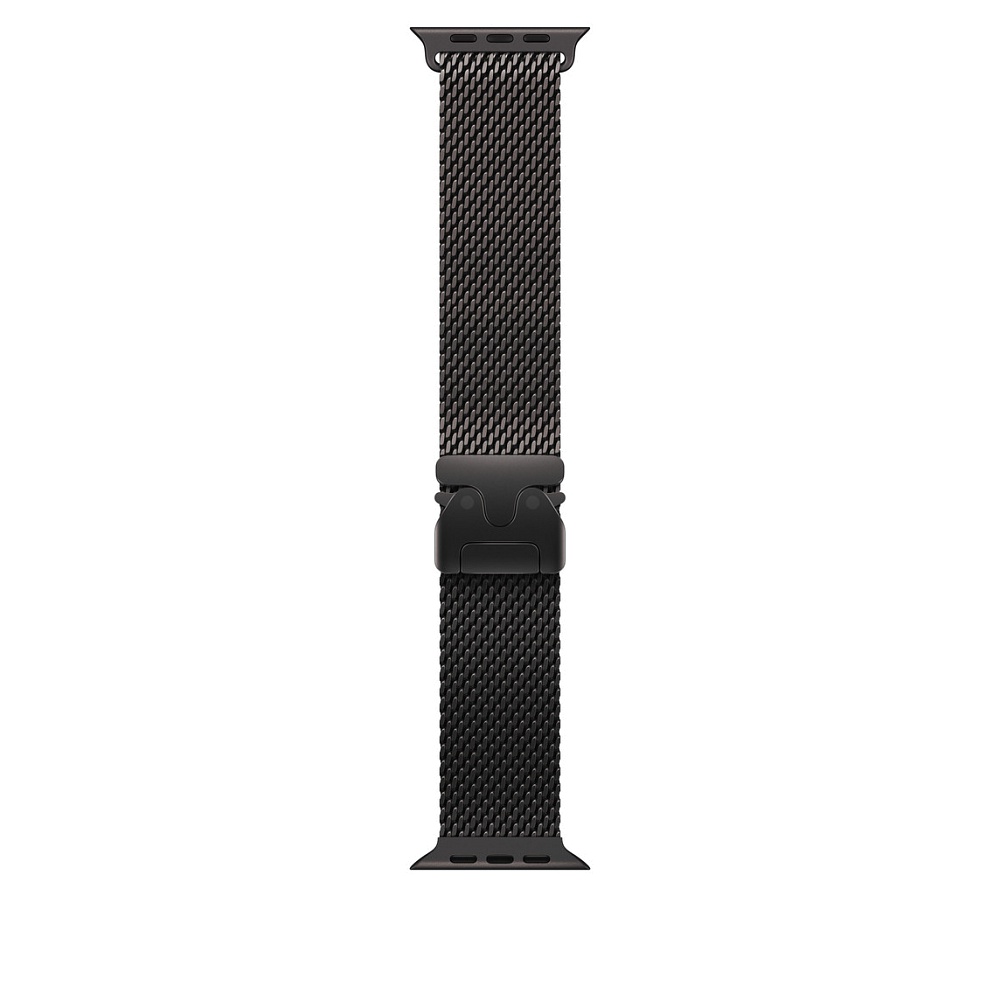 רצועת טיטניום Milanese Loop קלת משקל בצבע שחור ל-Apple Watch Ultra 49mm, עם אבזם בסגנון מצנח לאחיזה בטוחה.