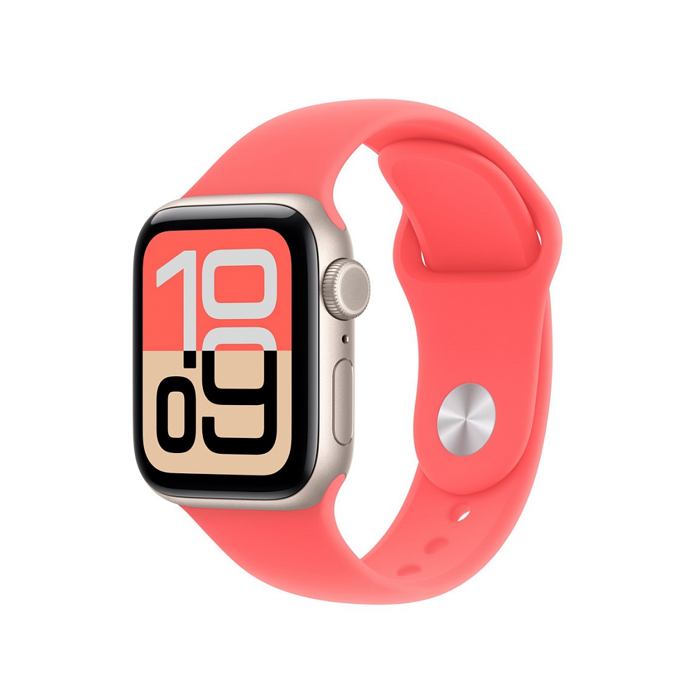 רצועת Apple Sport Band בצבע Bright Guava עשויה מחומר Fluoroelastomer עמיד וגמיש, המעניק נוחות לאורך כל היום. מנגנון הסגירה מסוג Pin-and-Tuck מספק התאמה בטוחה ומראה נקי, והיא מתאימה לשעוני Apple Watch בגודל 40 מ"מ ולפרקי יד בהיקף 150–200 מ"מ.