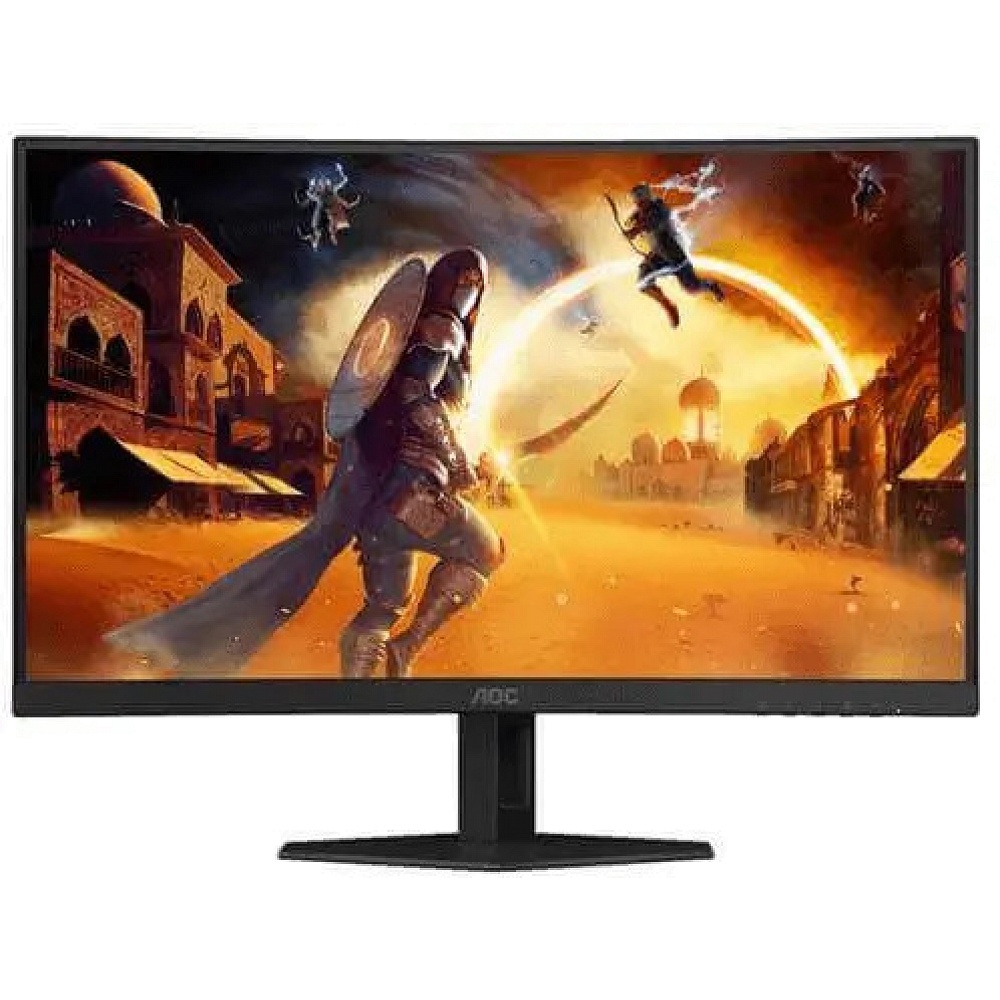 תמונת מוצר של מסך גיימינג AOC בעיצוב מינימליסטי בצבע שחור, עם שוליים דקים ומעמד מרכזי. על המסך מוצגת סצנת משחק דינמית בגווני כתום וזהב עם דמויות בפעולה ואפקטים חזותיים דרמטיים, המדגישה חוויית גיימינג סוחפת.