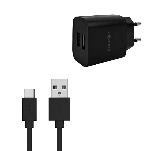 Energy - Dual 12W Wall Charger with 1.5m USB-C Cable / Black