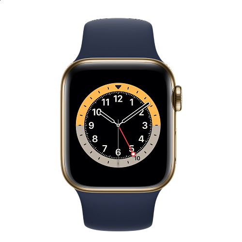 Apple - Apple Watch Series 6 GPS + Cellular 40mm / Gold Stainless Steel Case with Deep Navy Sport Band