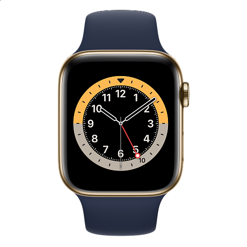 Apple - Apple Watch Series 6 GPS + Cellular 44mm / Gold Stainless Steel Case with Deep Navy Sport Band