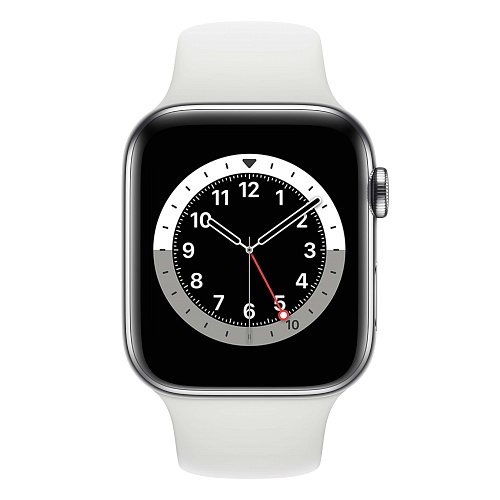 Apple - Apple Watch Series 6 GPS + Cellular 44mm / Silver Stainless Steel Case with White Sport Band